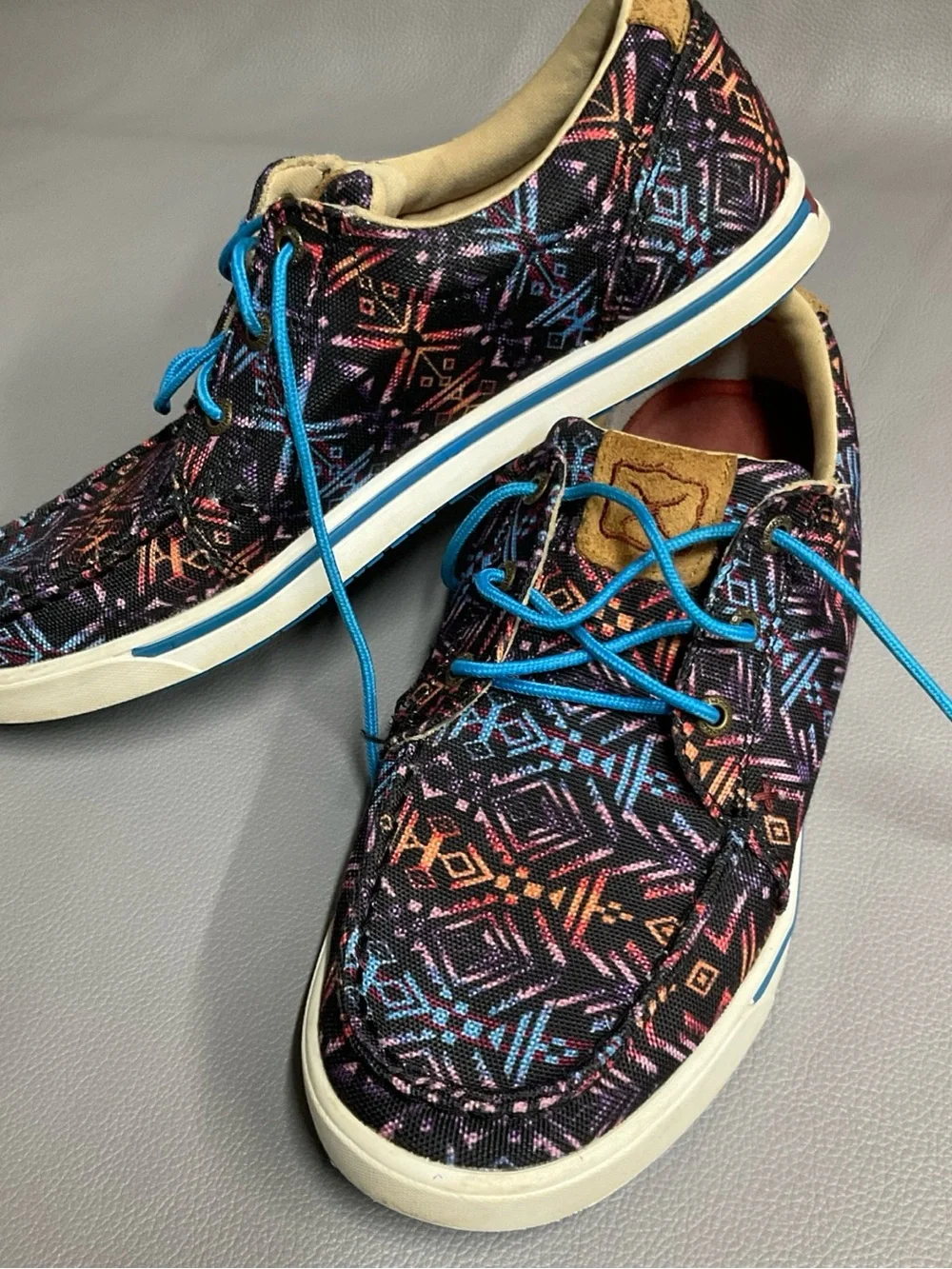 Twisted X Men’s Black Aztec-Print Boat Shoes with Bright Blue Laces